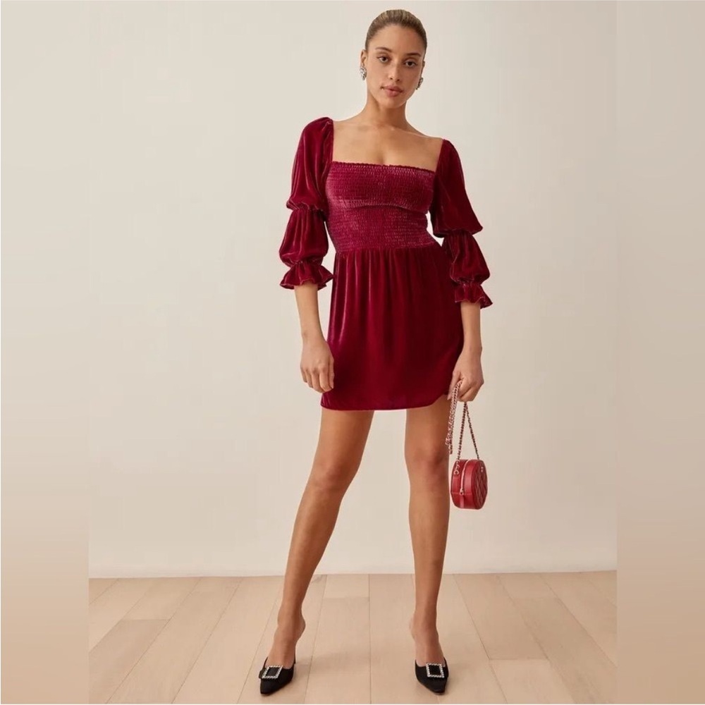 Reformation Albi Crimson Red Velvet Smocked Long Sleeve Mini Dress Sz Small Silk - Picture 2 of 8